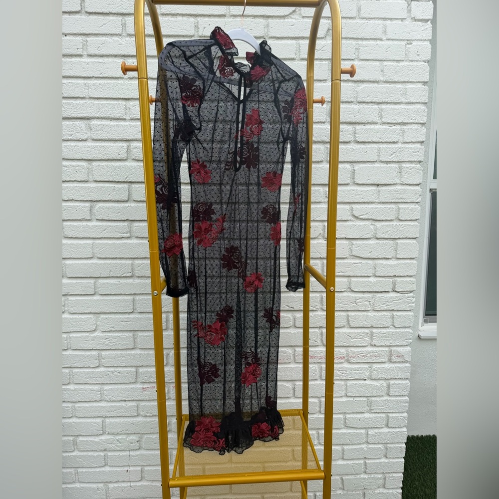 AKIRA Black Sheer Mesh Maxi Dress with Red Rose Appliqué size S